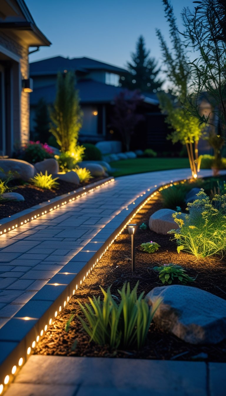 Front yard walkway illuminated by low-voltage landscape lights along the path with plants and a house in the background at dusk.