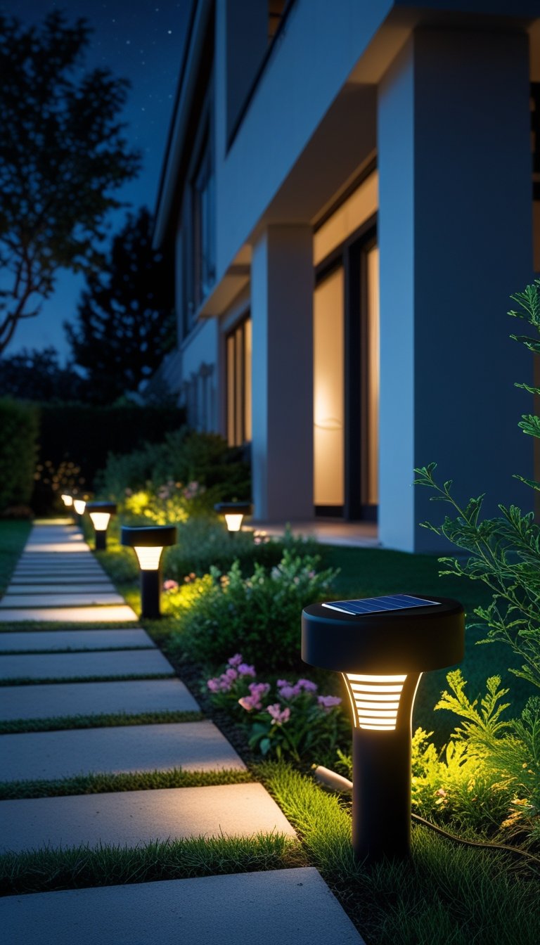 A modern house at night with a garden path lit by solar-powered lights and surrounding plants.