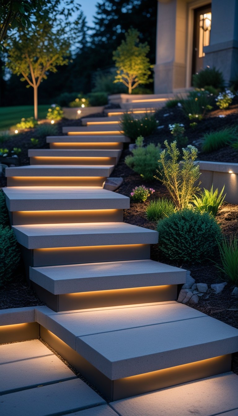 Front yard stairs with built-in step lights illuminating a stone walkway surrounded by plants and greenery at dusk.