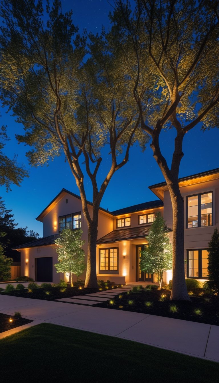 A modern house at night with trees around it illuminated by lights from below.