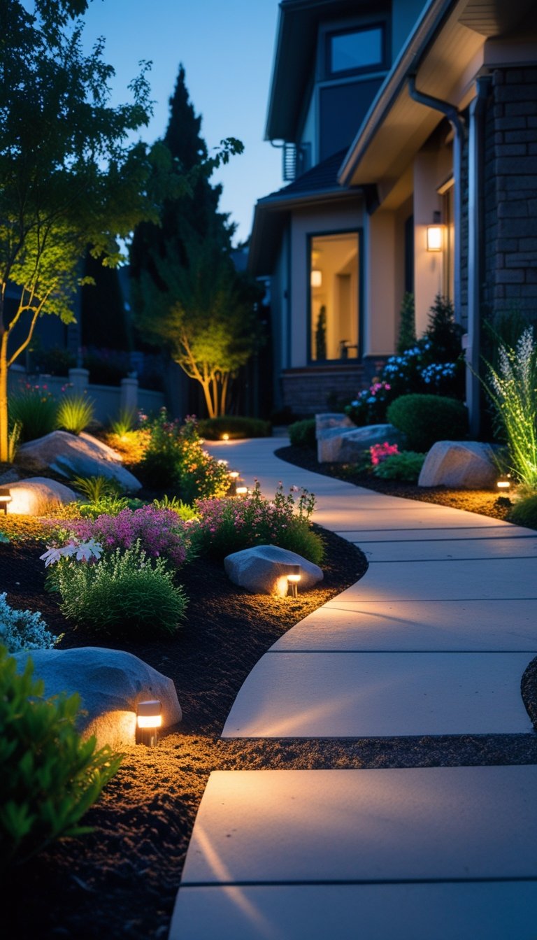 A front yard walkway at dusk with accent lighting highlighting garden plants and features along the path.