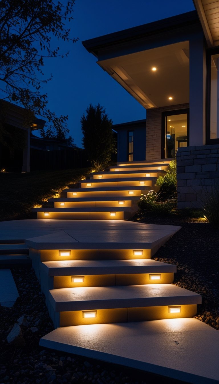 Stone stairs outside a house at night illuminated by built-in step lights creating a safe and inviting pathway.