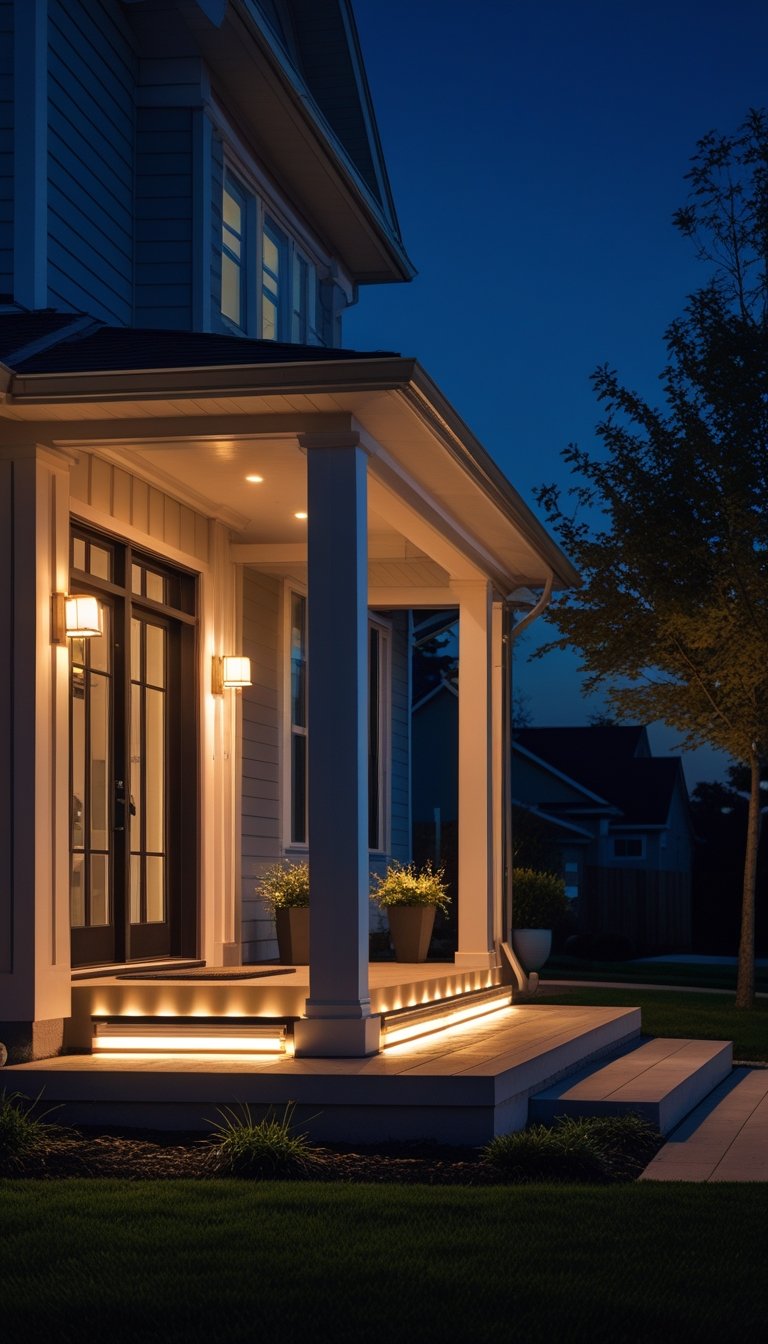 A modern house at night with warm porch lights softly illuminating the front entrance.