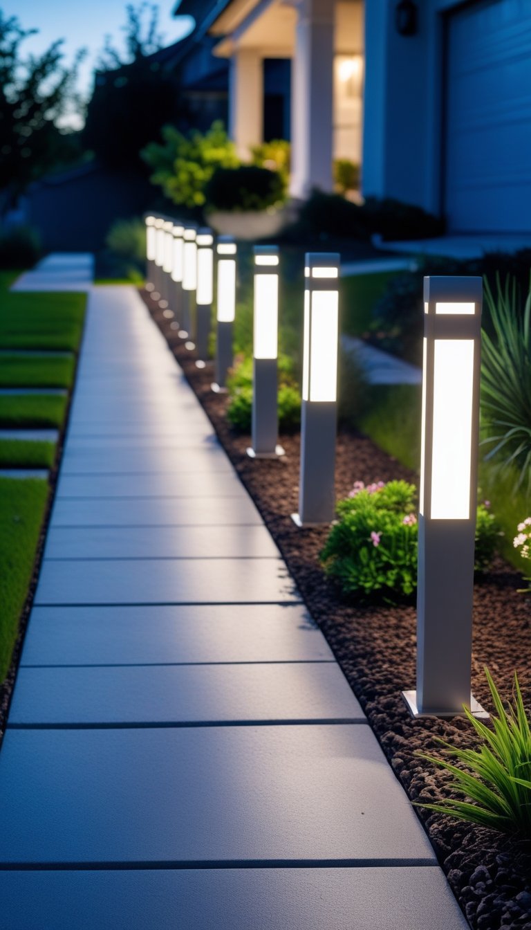 A front yard walkway lined with evenly spaced bollard lights illuminating a garden path leading to a house entrance at twilight.