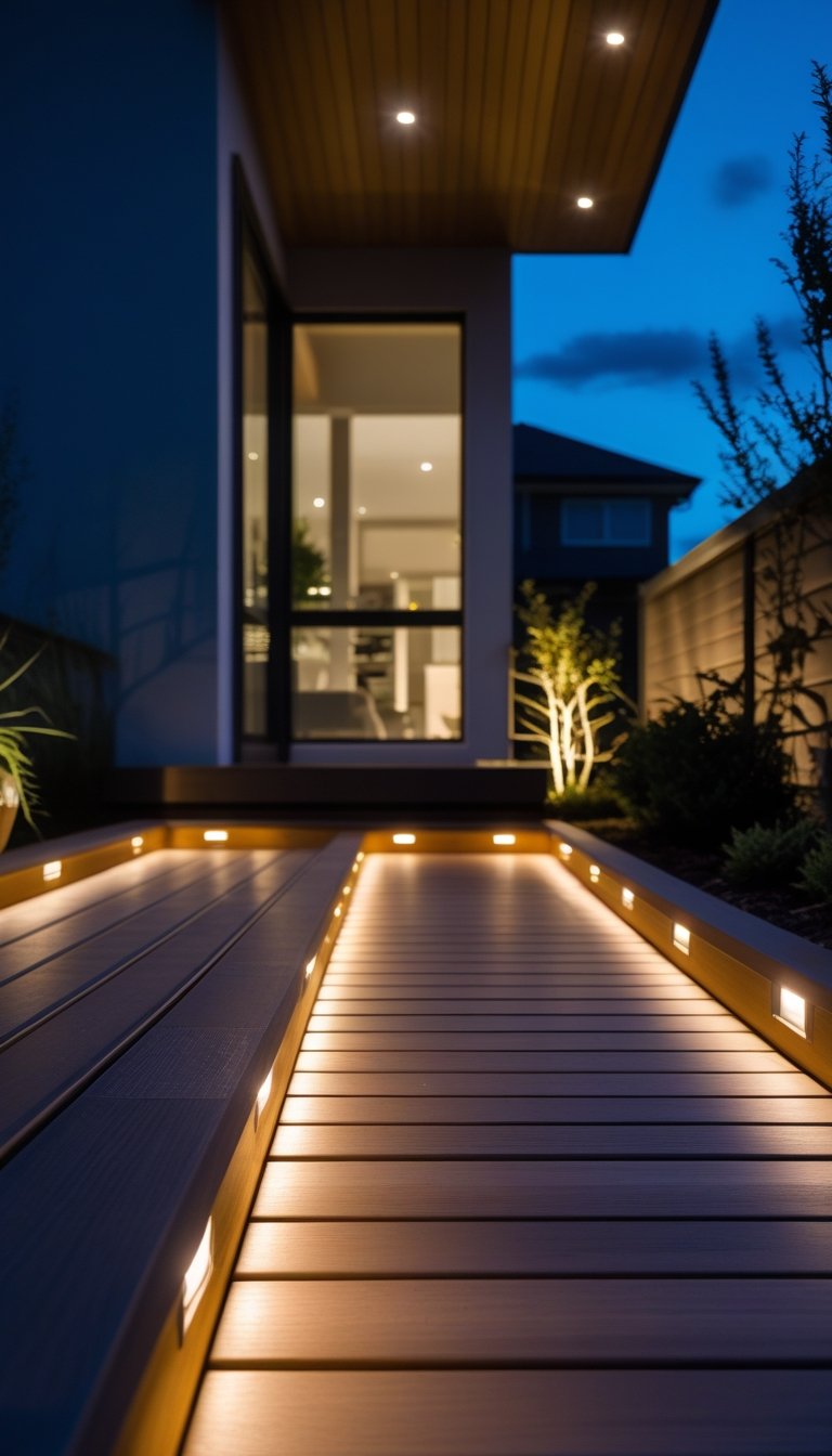 Outdoor wooden deck at night with recessed lights illuminating the area and a house exterior in the background.