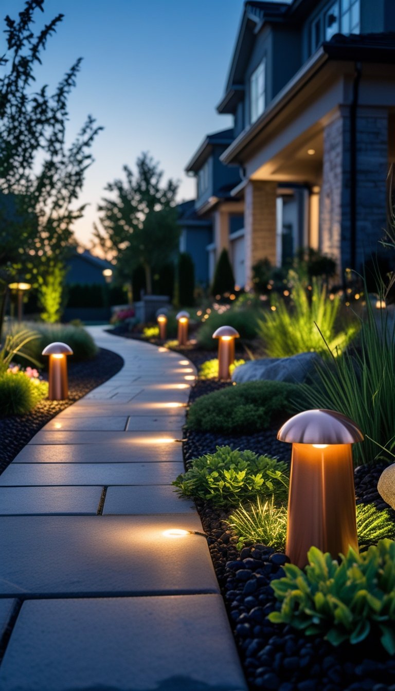A front yard walkway illuminated by copper or bronze finish landscape lights with plants and a house in the background at dusk.