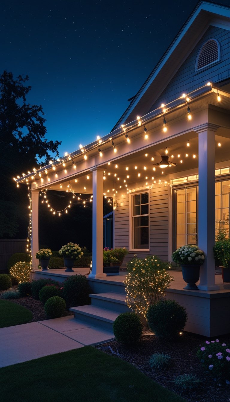A house exterior at night illuminated by twelve warm white string lights creating a cozy and inviting atmosphere.