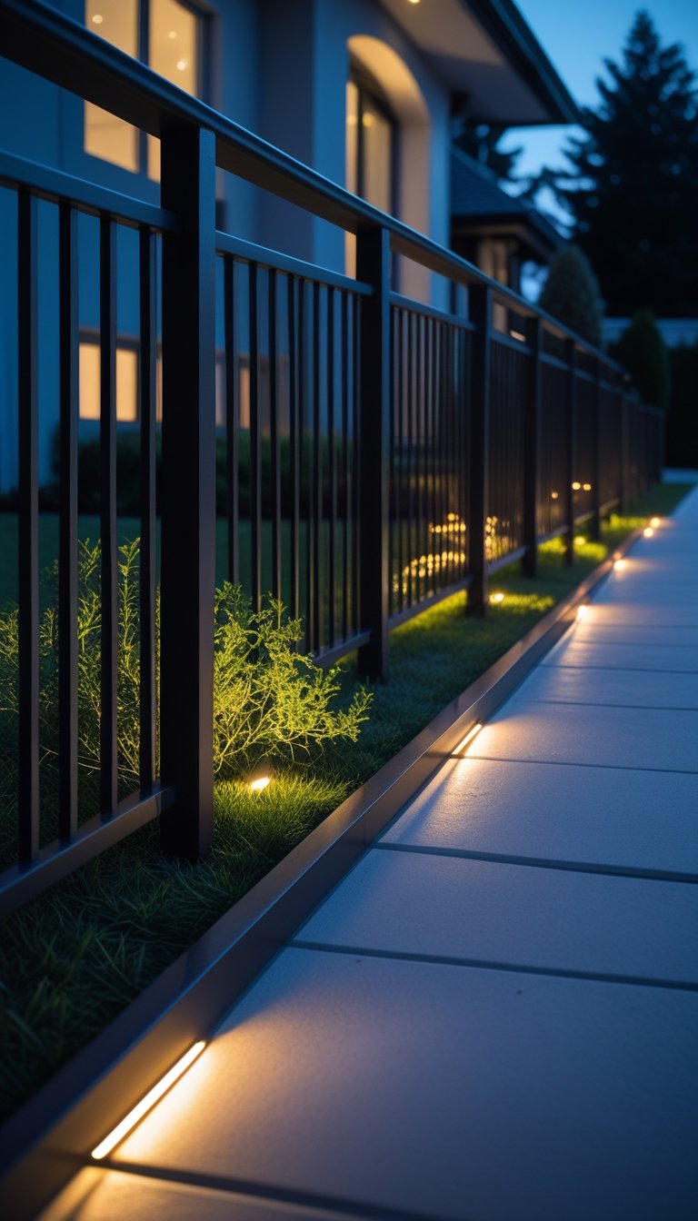 A front yard walkway illuminated by soft LED lights installed under metal railings, surrounded by grass and plants near a modern house.