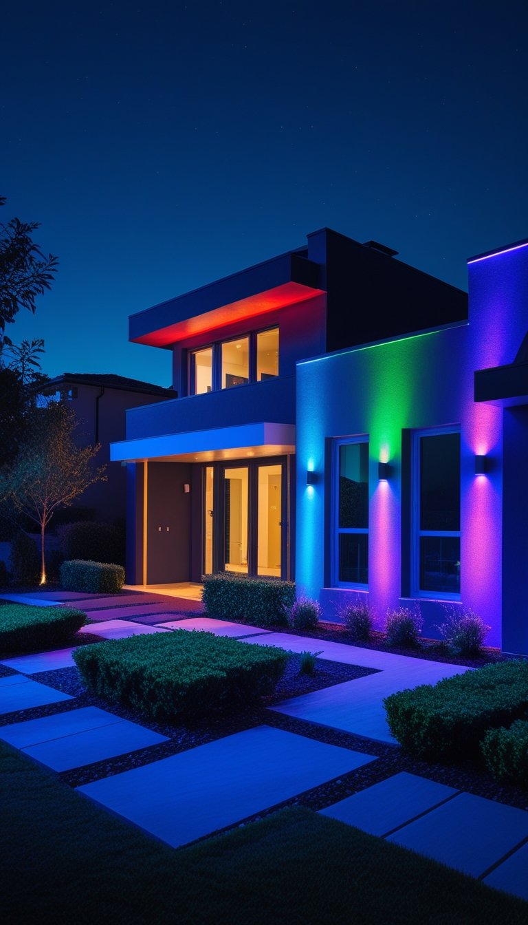 A modern house exterior at night illuminated by colorful changing lights highlighting the architecture and surrounding landscaping.
