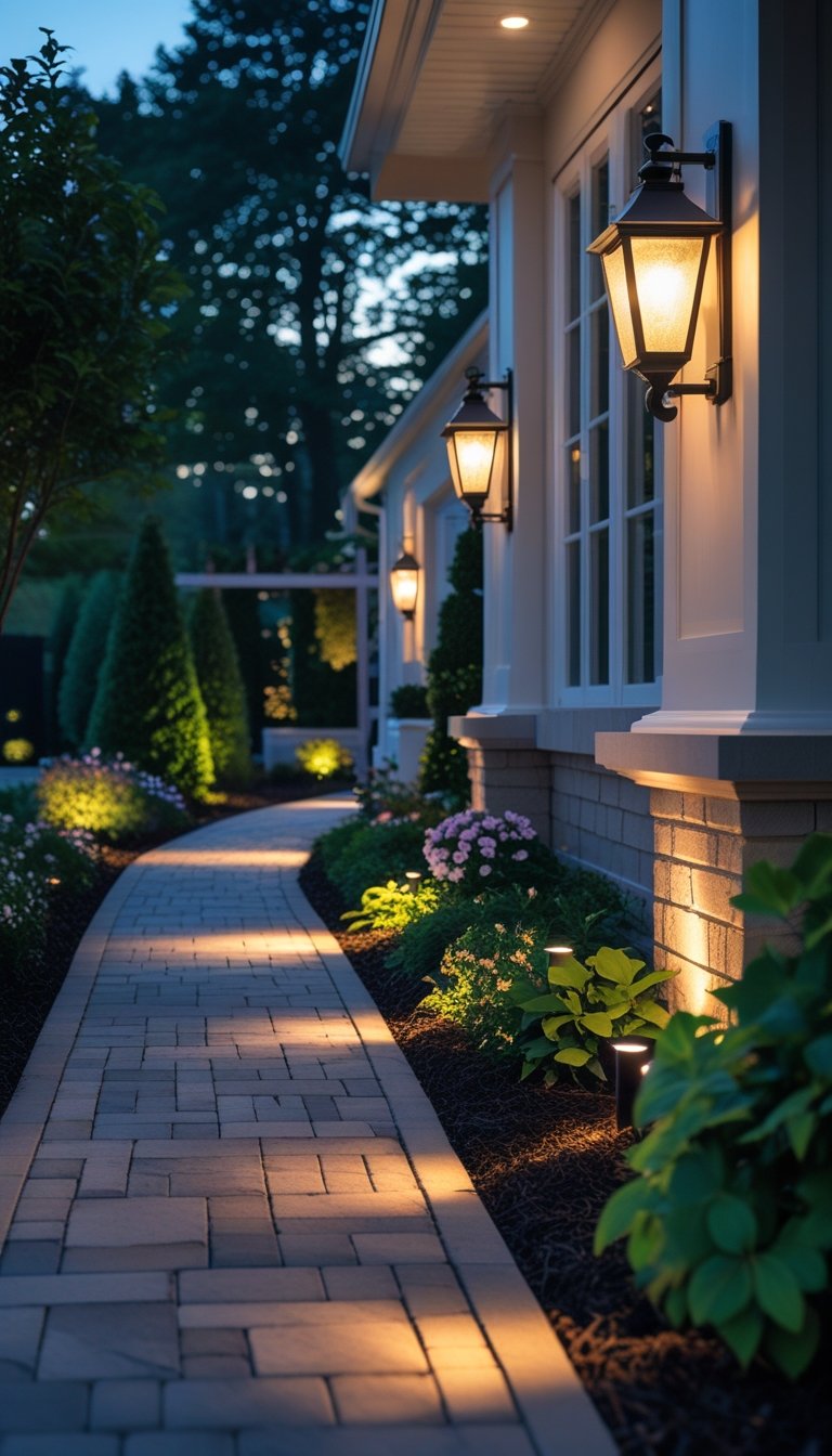 A front yard walkway illuminated by wall-mounted sconces near the entrances, surrounded by plants and greenery.