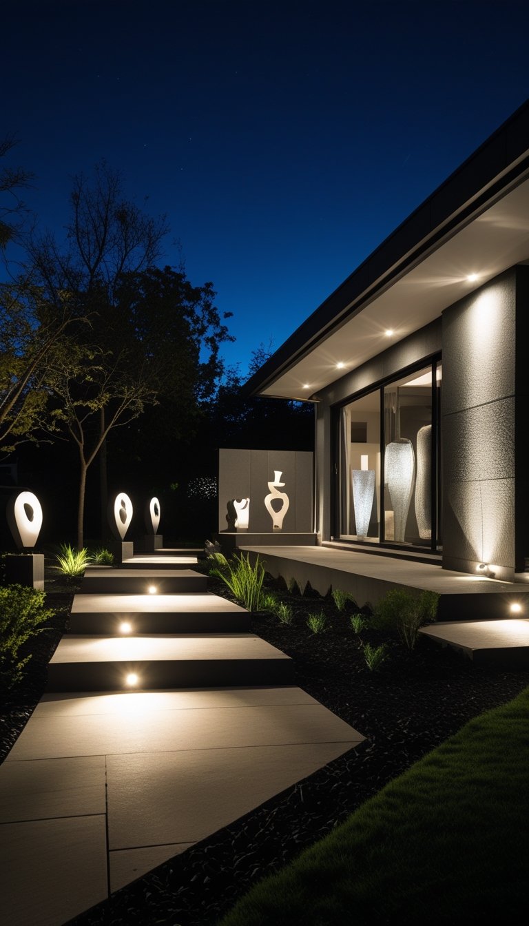 Nighttime view of a house exterior with spotlights illuminating outdoor sculptures and landscaping.