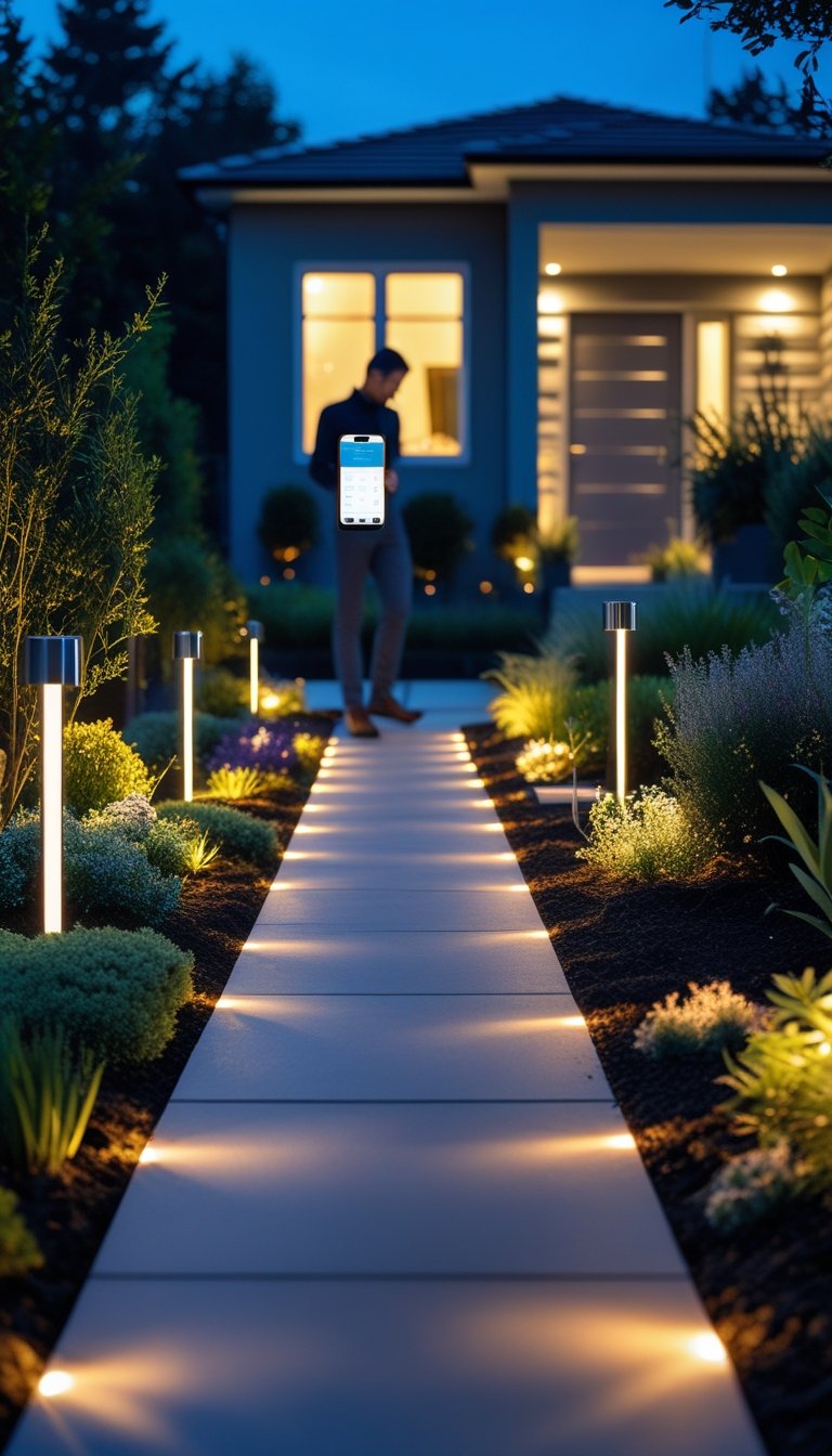 Front yard walkway at dusk illuminated by smart landscape lighting with a person holding a smartphone to control the lights.