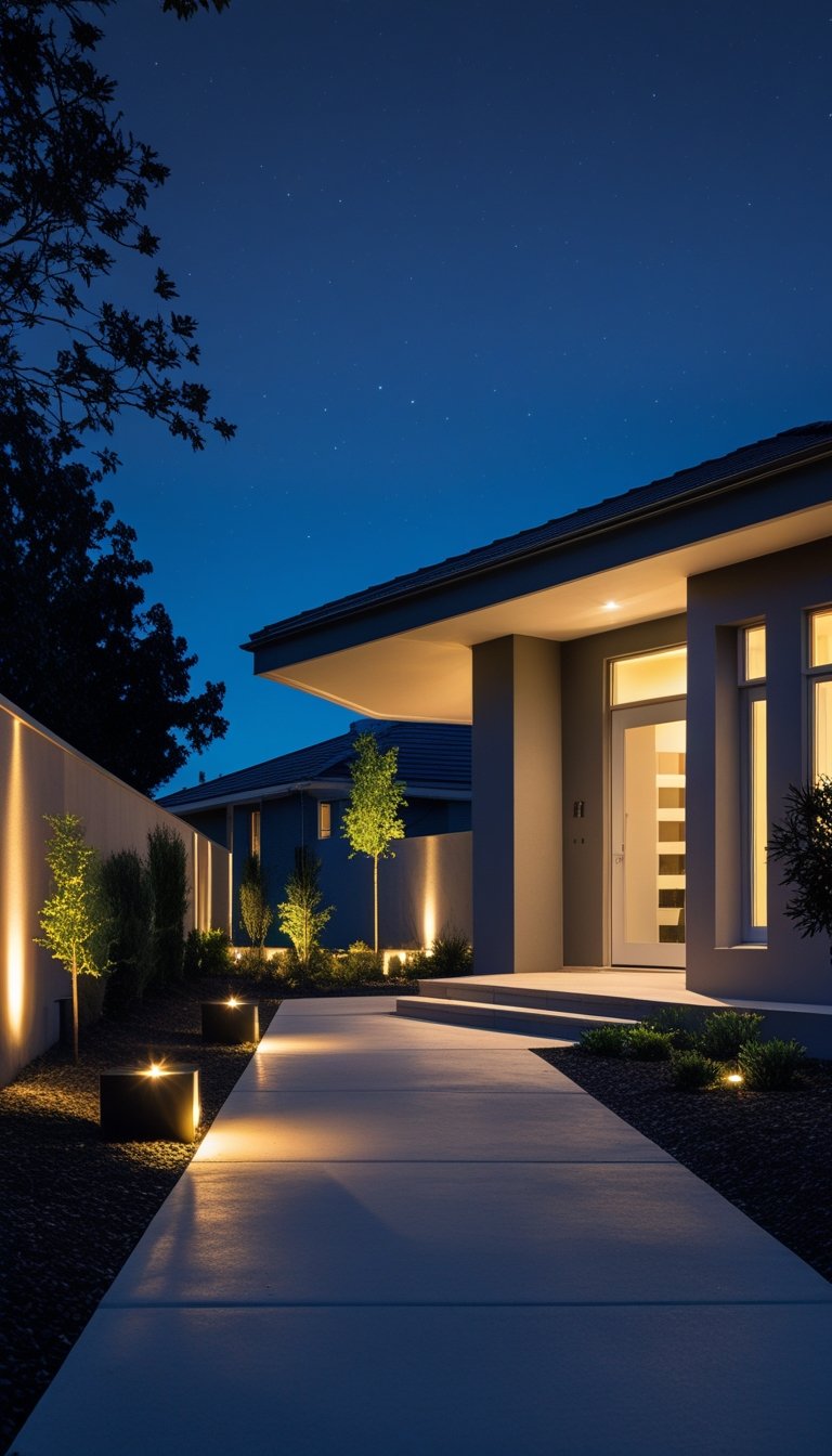 A modern house exterior at night with outdoor lights shining downward, illuminating the pathways and walls while reducing light pollution.