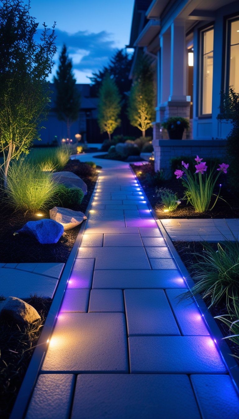 A front yard walkway illuminated by colorful LED spotlights highlighting plants and landscaping features at dusk.