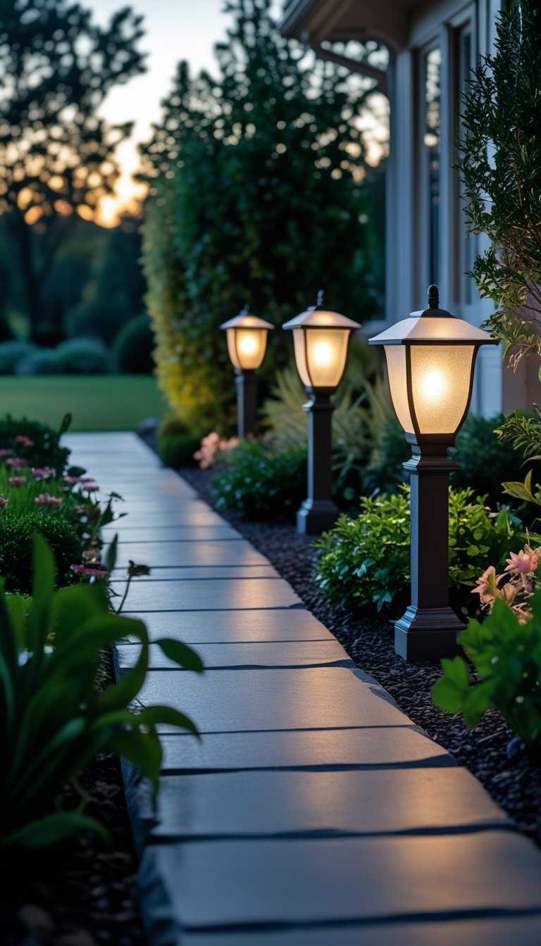 A front yard walkway lit by frosted glass lanterns emitting soft light, surrounded by plants and greenery at twilight.
