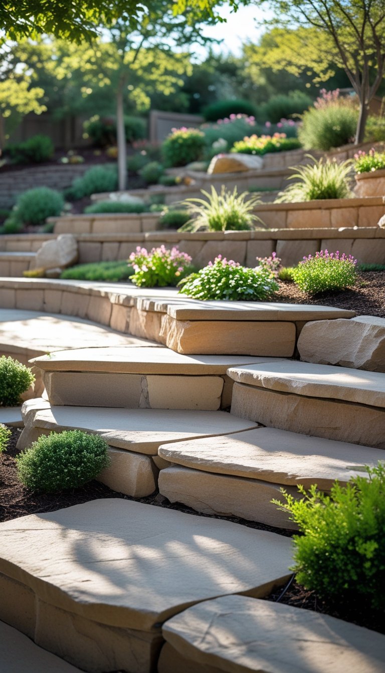 Outdoor terraced garden with built-in stone seating surrounded by plants and greenery.