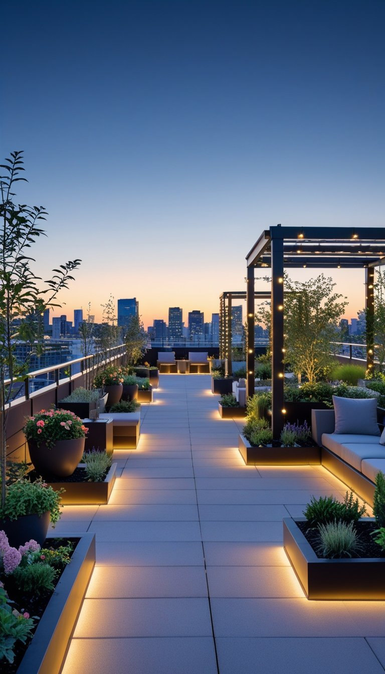 Rooftop garden at dusk with plants, seating, and soft lighting illuminating pathways and greenery.