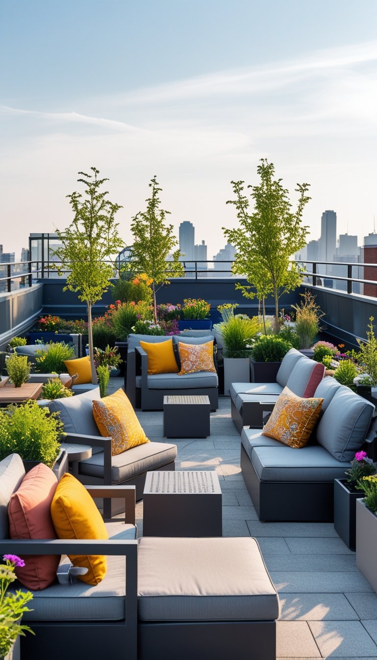 Rooftop garden with seating areas featuring weather-resistant cushions surrounded by plants and city skyline in the background.