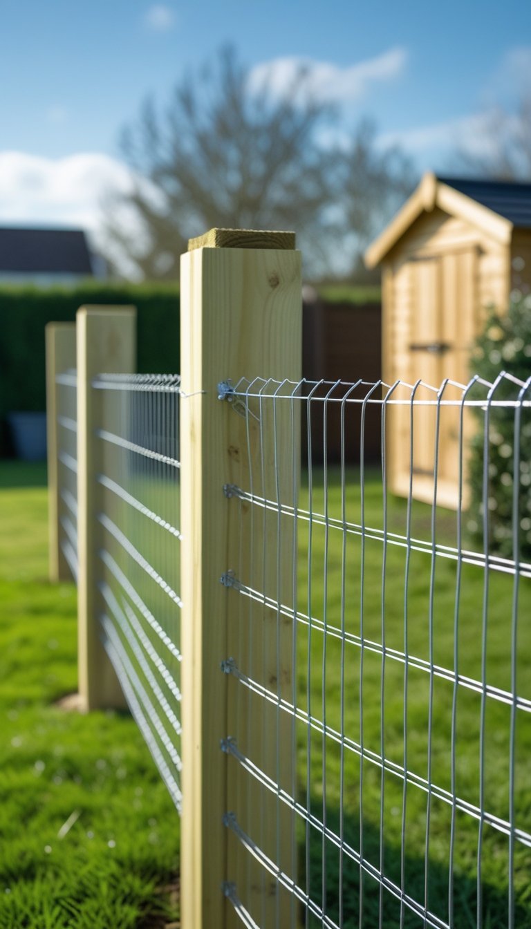 A wire mesh fence attached to wooden posts in a backyard with grass and shrubs.