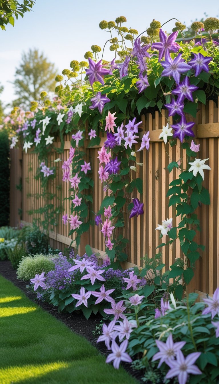 A wooden fence covered with colorful clematis vines and surrounding garden plants in a sunny outdoor setting.