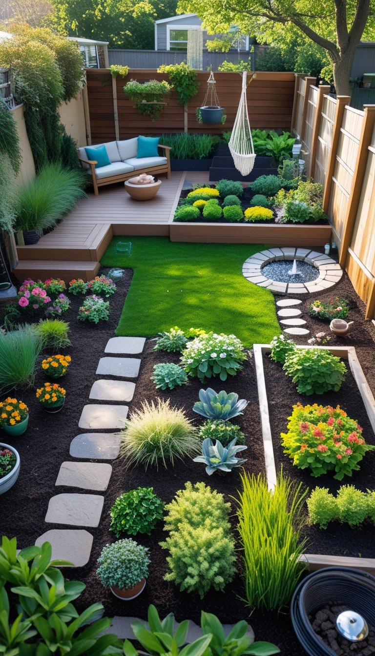 A small backyard featuring various landscaping elements including a wooden deck, stone pathway, garden beds with flowers, a water feature, vertical gardens, outdoor seating, and decorative plants.