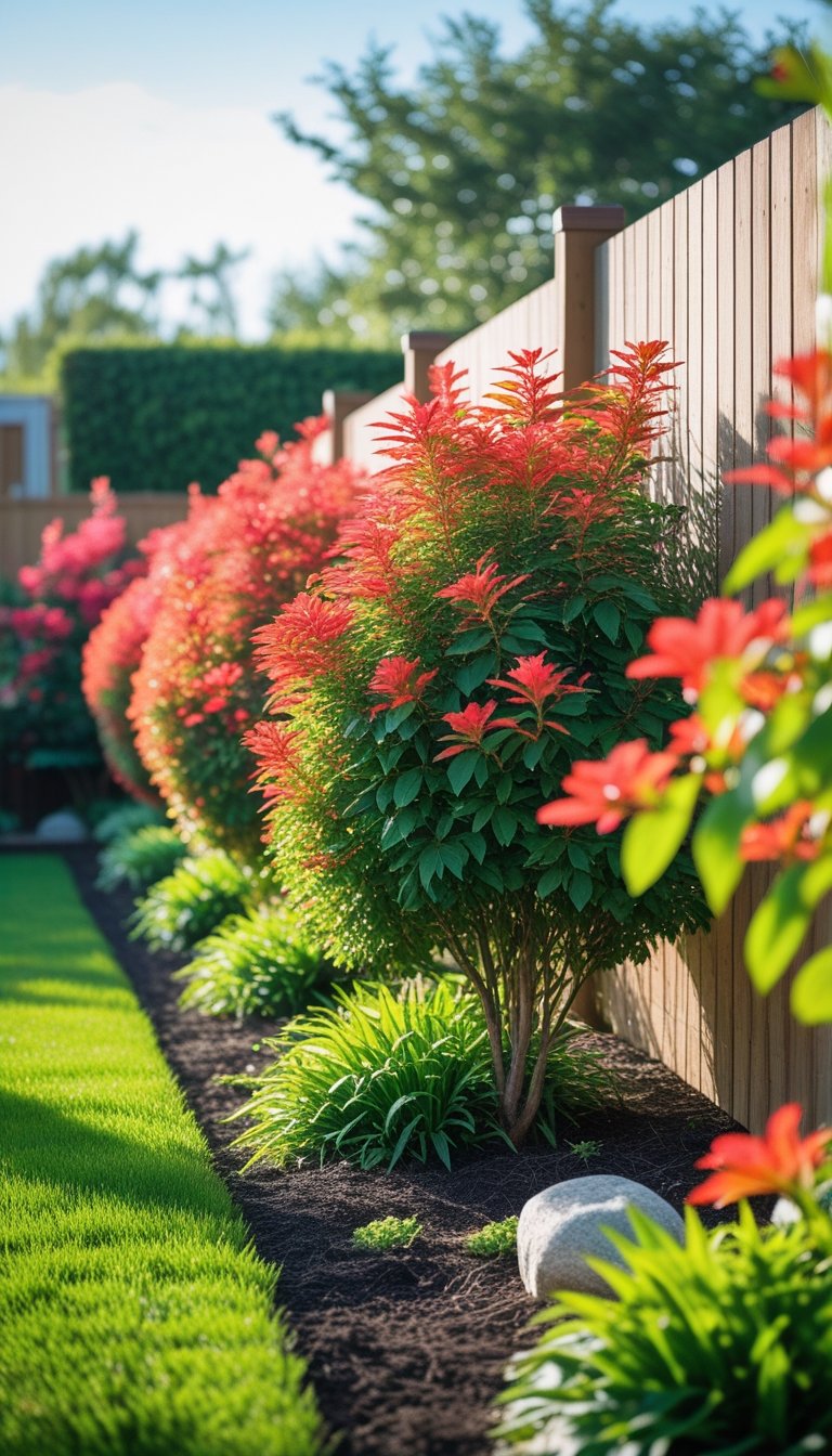 A row of colorful Photinia bushes forming a privacy hedge along a wooden fence in a sunny backyard.