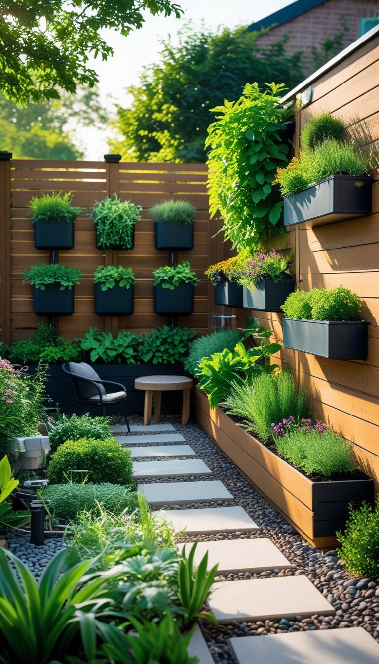 A small backyard featuring vertical gardens with plants growing on walls and fences, surrounded by a stone pathway and garden furniture.