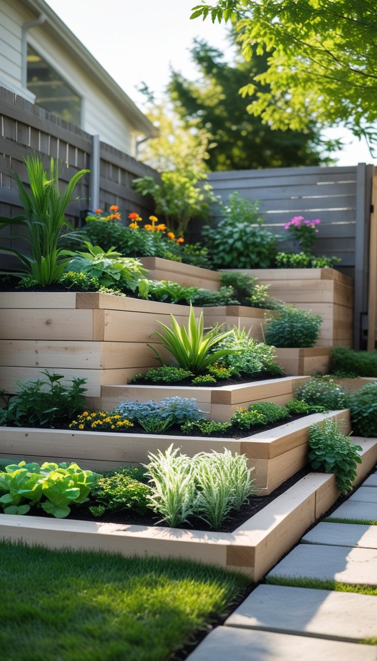 Small backyard with multi-level raised planting beds filled with green plants and colorful flowers.