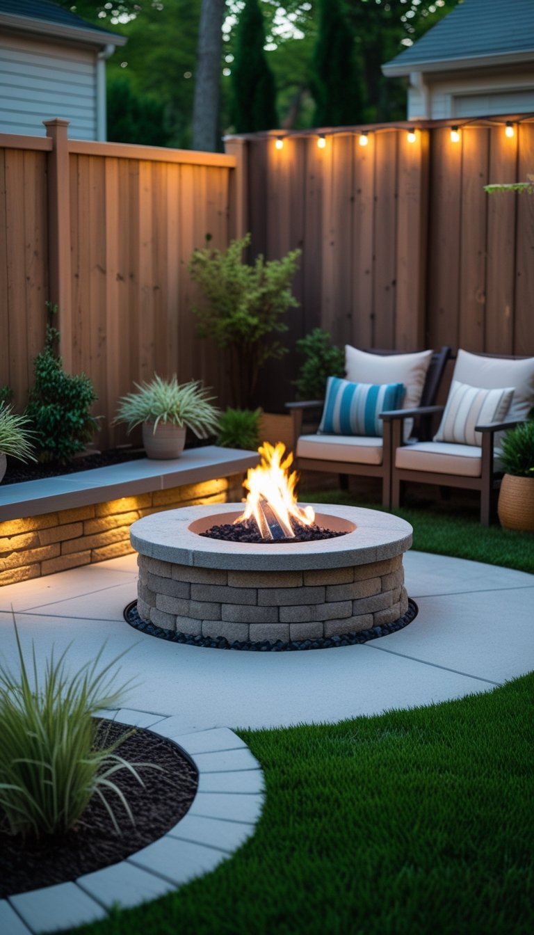 A small backyard with a circular stone fire pit surrounded by cushioned chairs and plants.
