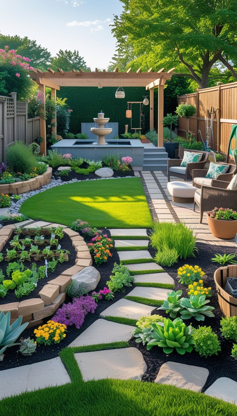 A backyard with various landscaping features including a lawn, stone pathway, pergola, water fountain, garden beds, seating area, fire pit, rock garden, play area, and bird feeder under daylight.