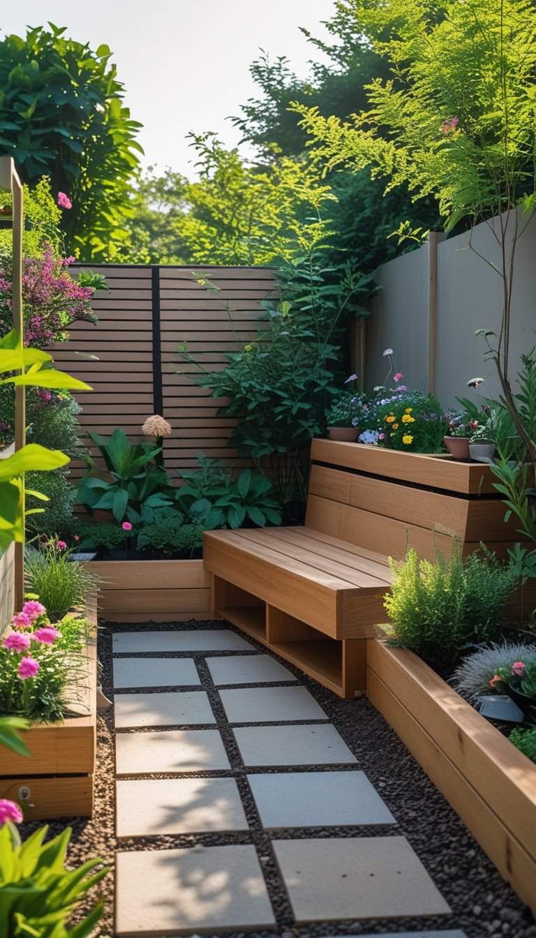 Small backyard with a built-in wooden bench that has storage underneath, surrounded by plants and flowers.