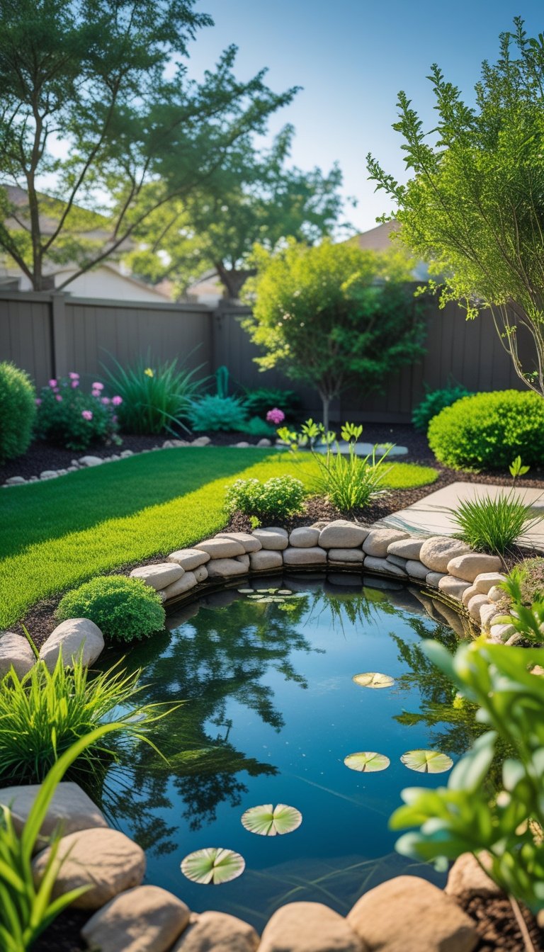 A small backyard with a clear pond surrounded by green grass, flowering plants, and natural stones under soft sunlight.
