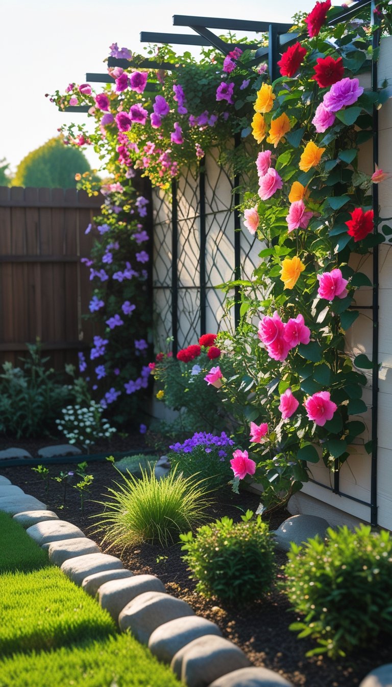 Small backyard with a colorful flowering wall or trellis surrounded by green plants and grass.