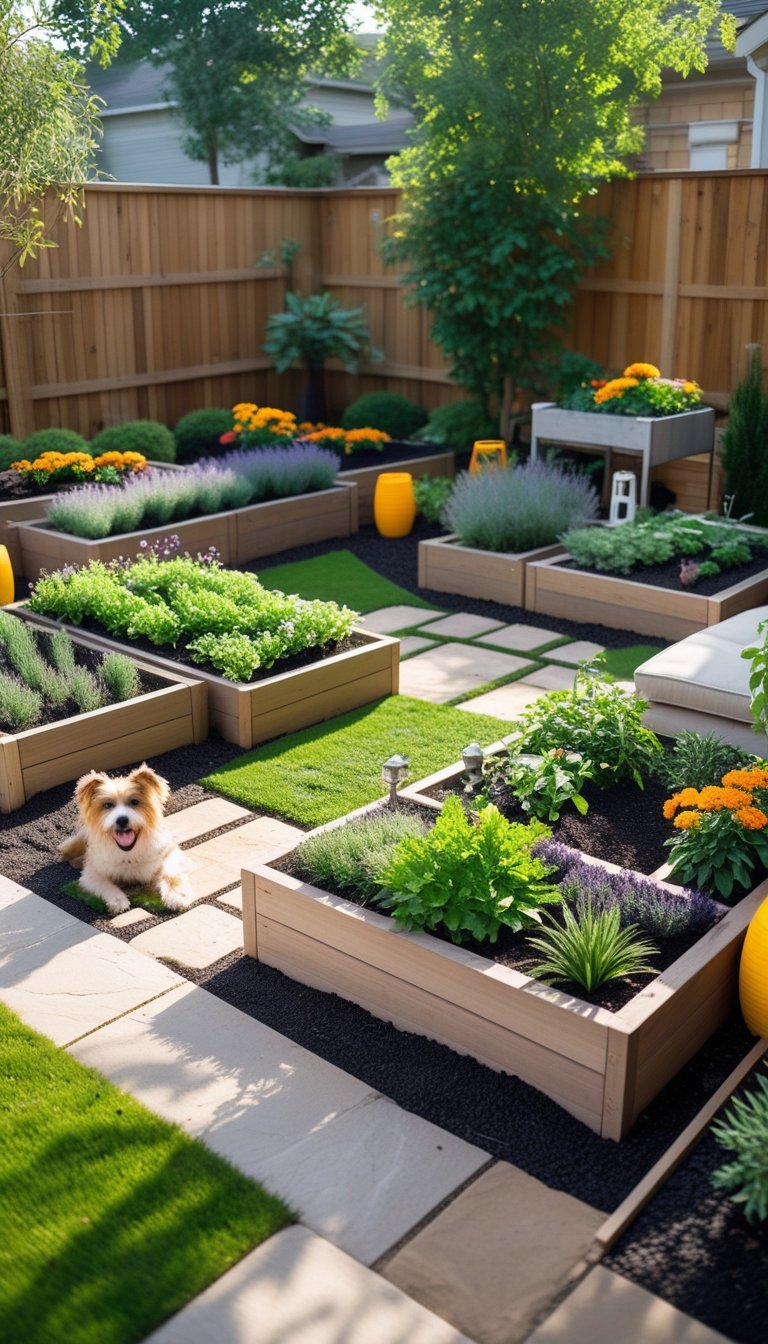 Small backyard with pet-friendly planter boxes, green grass, and a dog sitting near garden beds filled with safe plants.