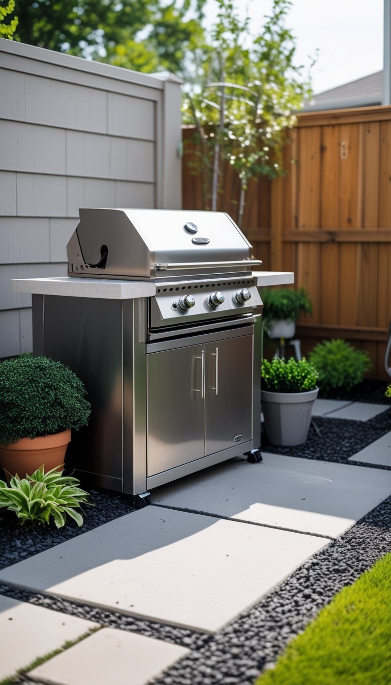 A small backyard with a compact grill station surrounded by plants, a stone pathway, and a wooden fence.