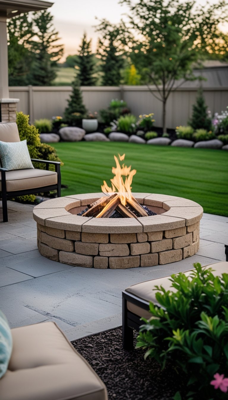 Backyard with a natural stone fire pit surrounded by outdoor seating and greenery.