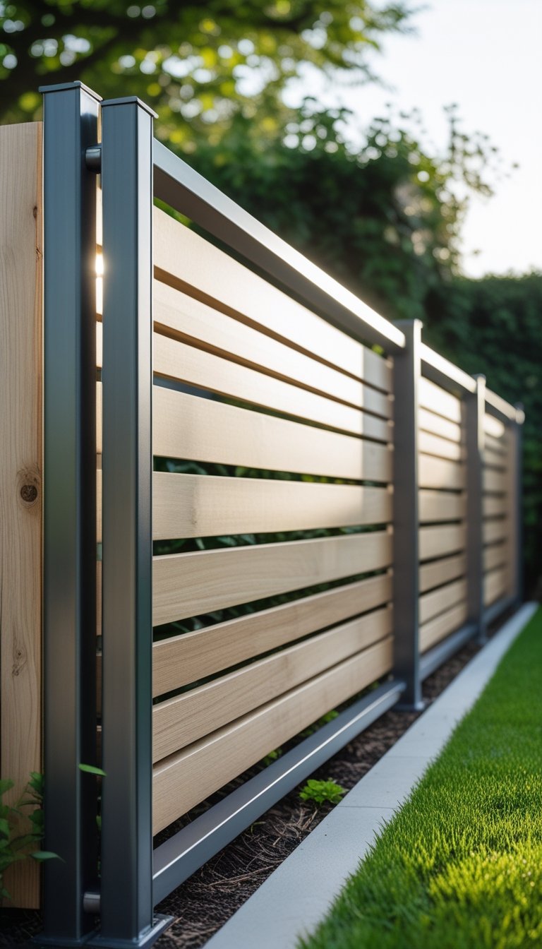 A modern outdoor fence made of metal frame and horizontal wooden slats with greenery in the background.