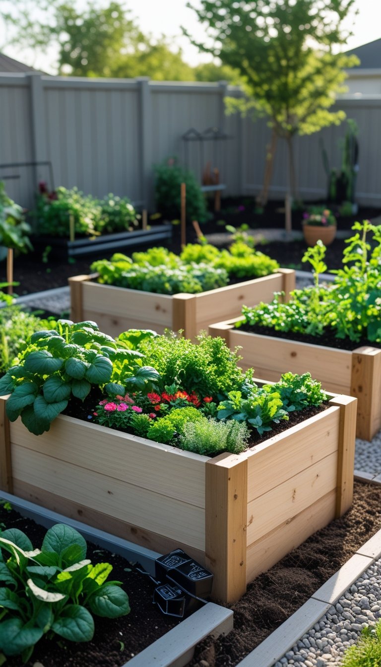 Small backyard with multiple raised garden boxes filled with plants and flowers.