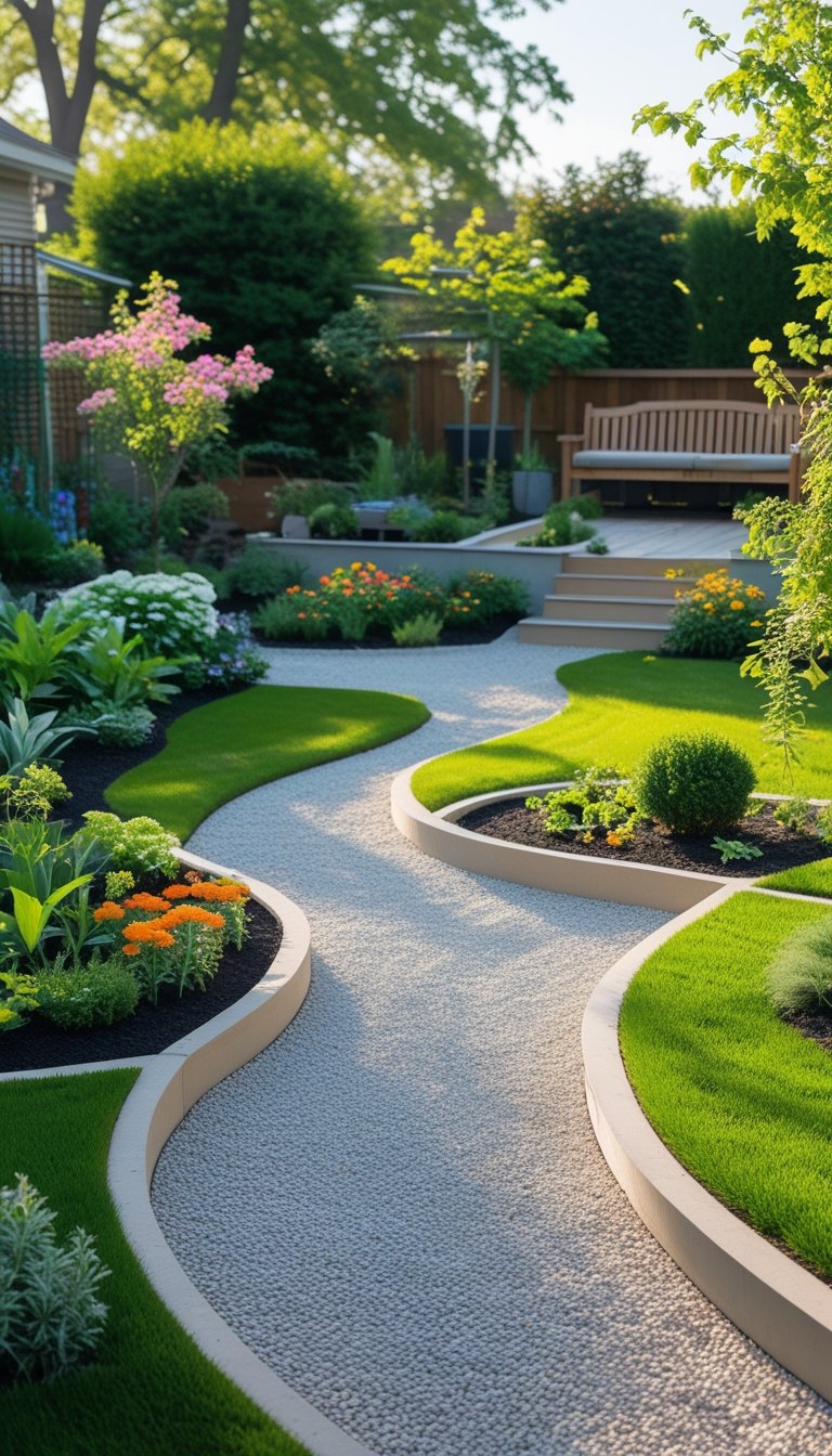 A backyard garden with winding gravel pathways separating green lawn, flower beds, shrubs, and seating areas.
