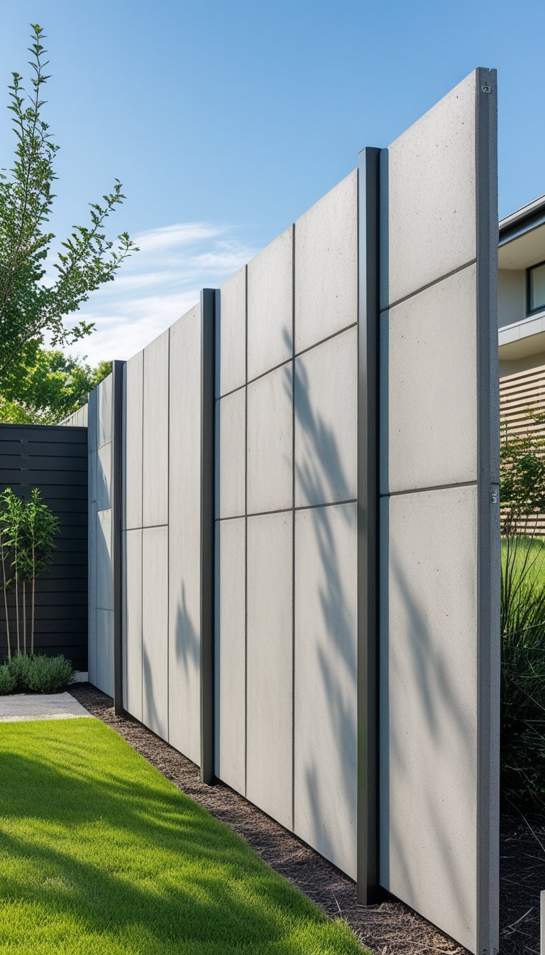 A concrete panel fence with a garden and house visible behind it under a clear sky.