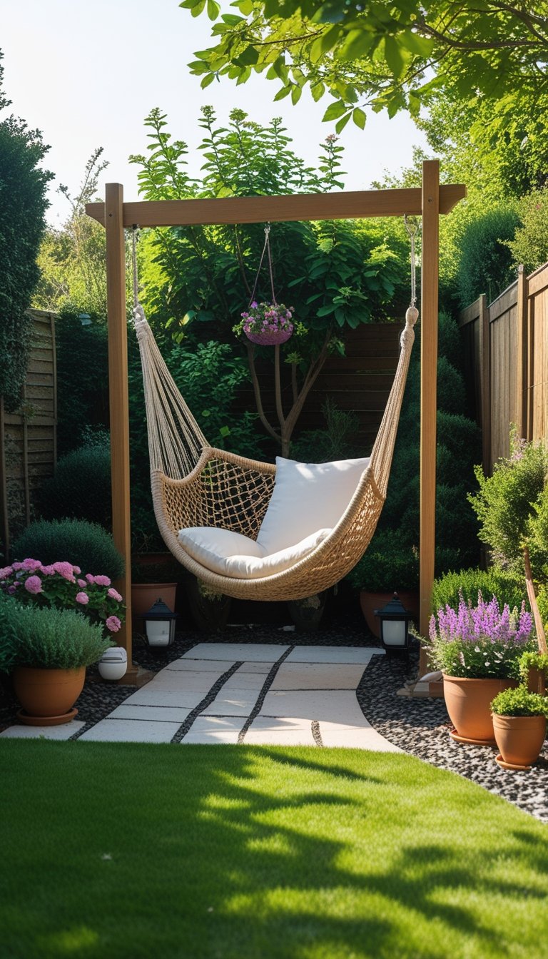 A small backyard corner with a hammock or swing chair surrounded by plants and greenery.