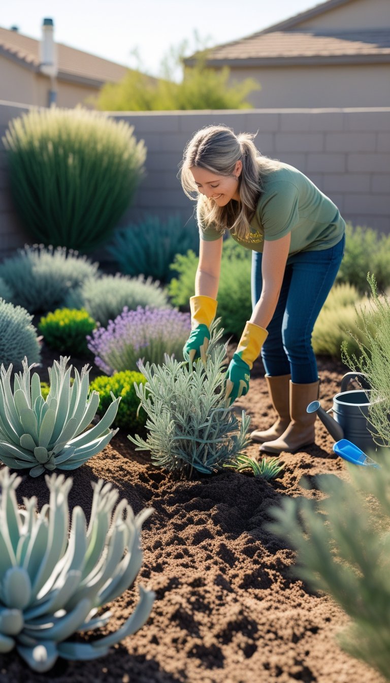 A person planting native drought-resistant shrubs in a sunny backyard garden surrounded by various green plants and gardening tools.