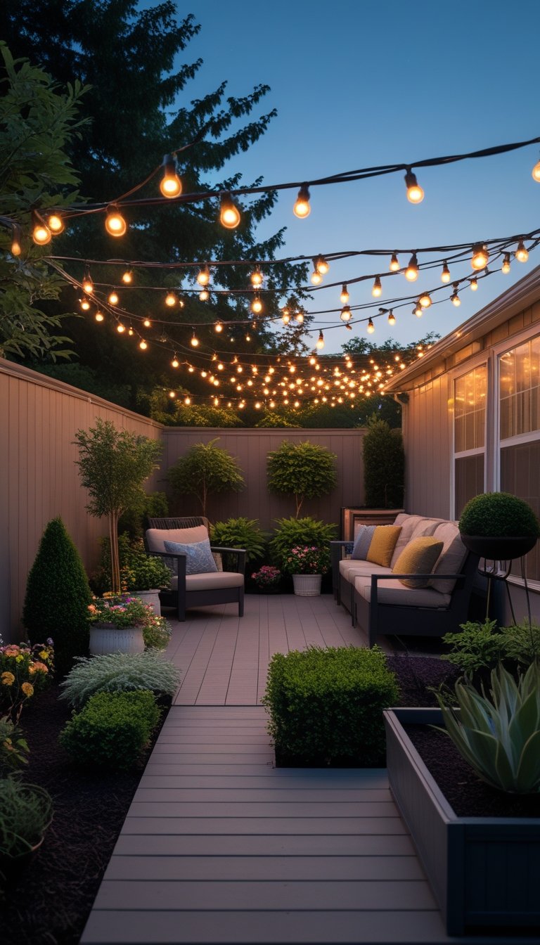 Small backyard with string lights hanging overhead, plants, and outdoor seating at dusk.