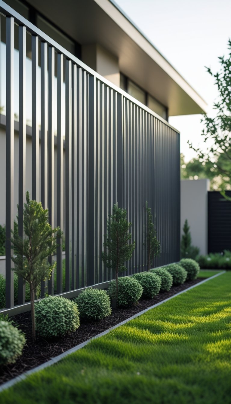 A horizontal steel slat fence in front of a modern house with a garden and greenery.