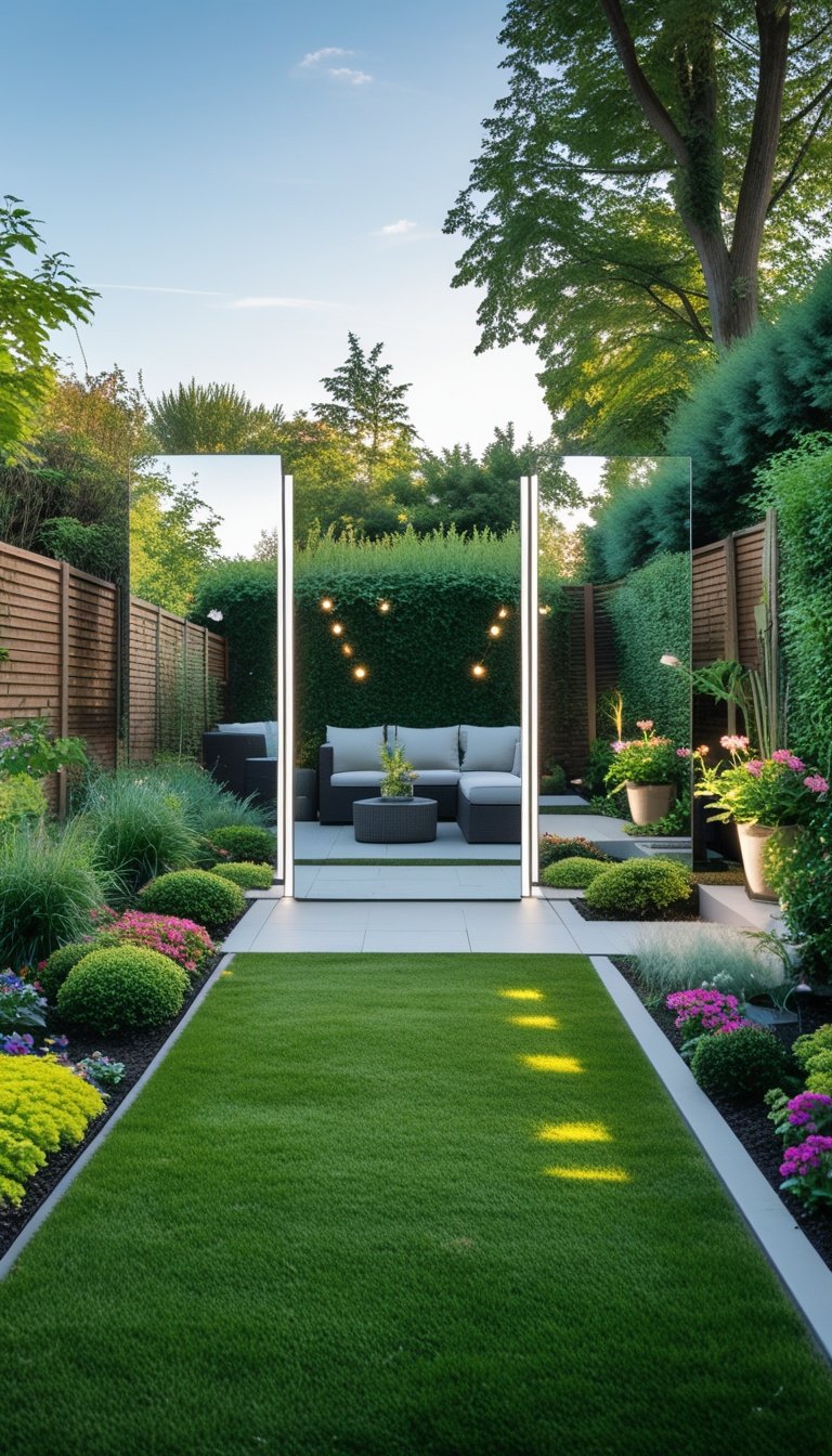 A small backyard with mirrors reflecting plants and sky to create an illusion of more space, featuring outdoor seating and greenery.