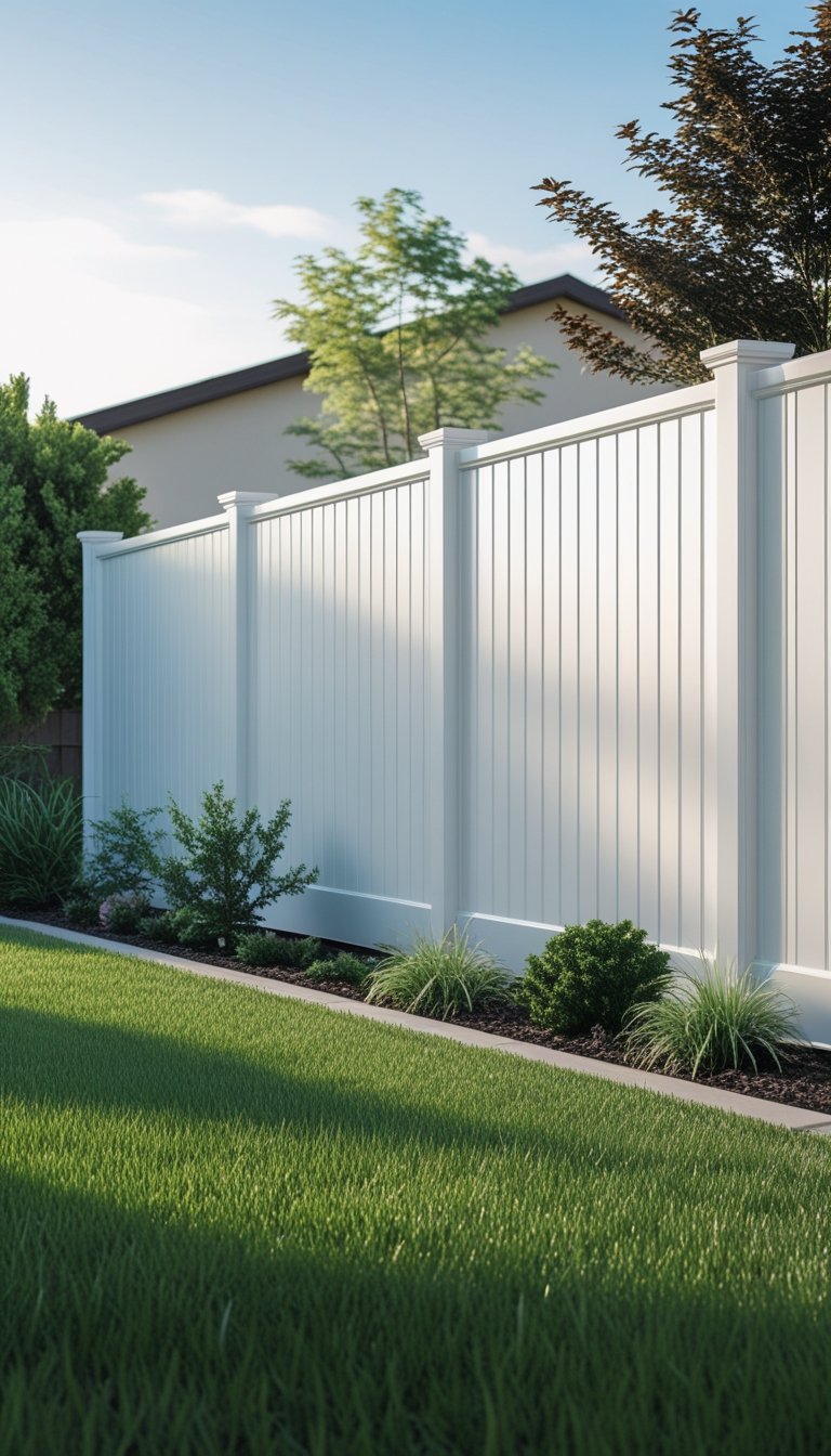 A tall white vinyl privacy fence in a backyard with green grass and plants under a clear blue sky.