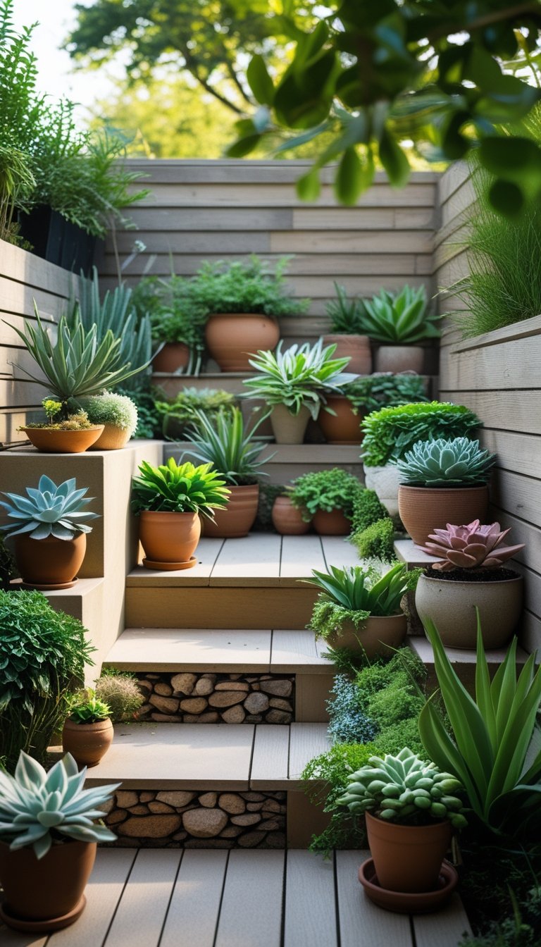 Small backyard with layered stone and wooden surfaces, decorated with various potted plants arranged on steps and shelves.