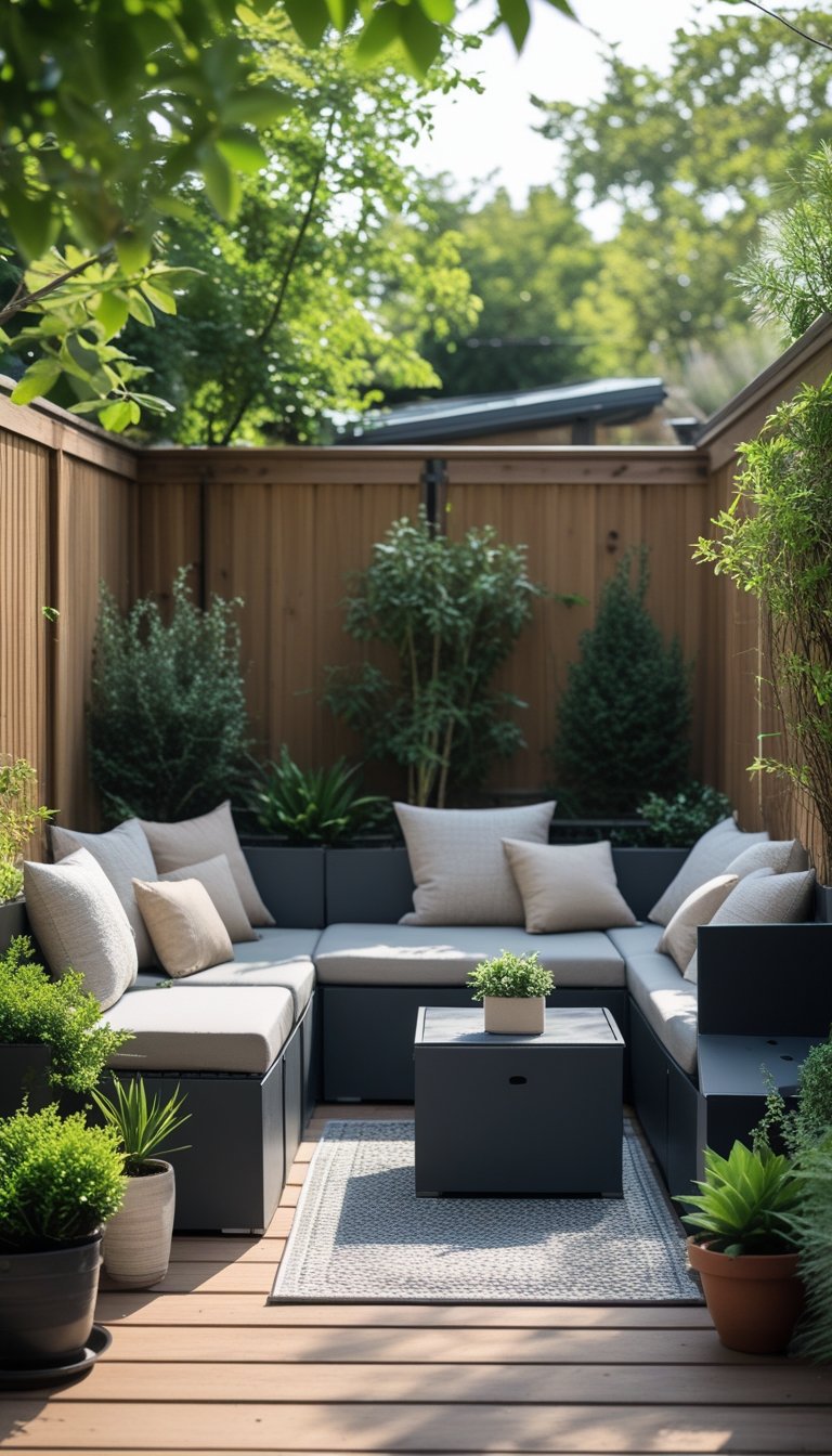 Small backyard patio with modular outdoor furniture surrounded by plants and greenery.