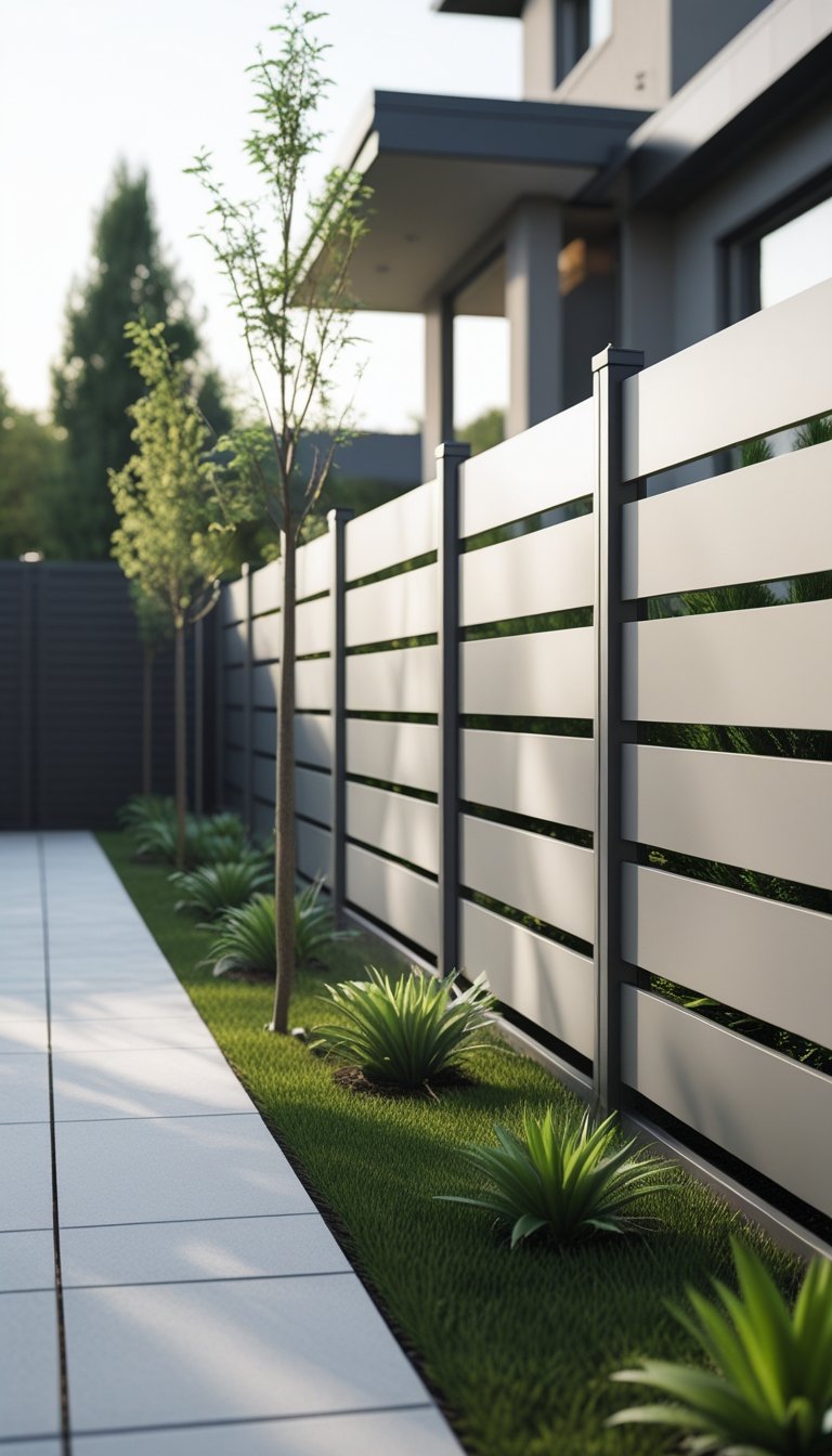 A backyard with a modern aluminum slat privacy fence surrounded by grass, plants, and a house in the background.