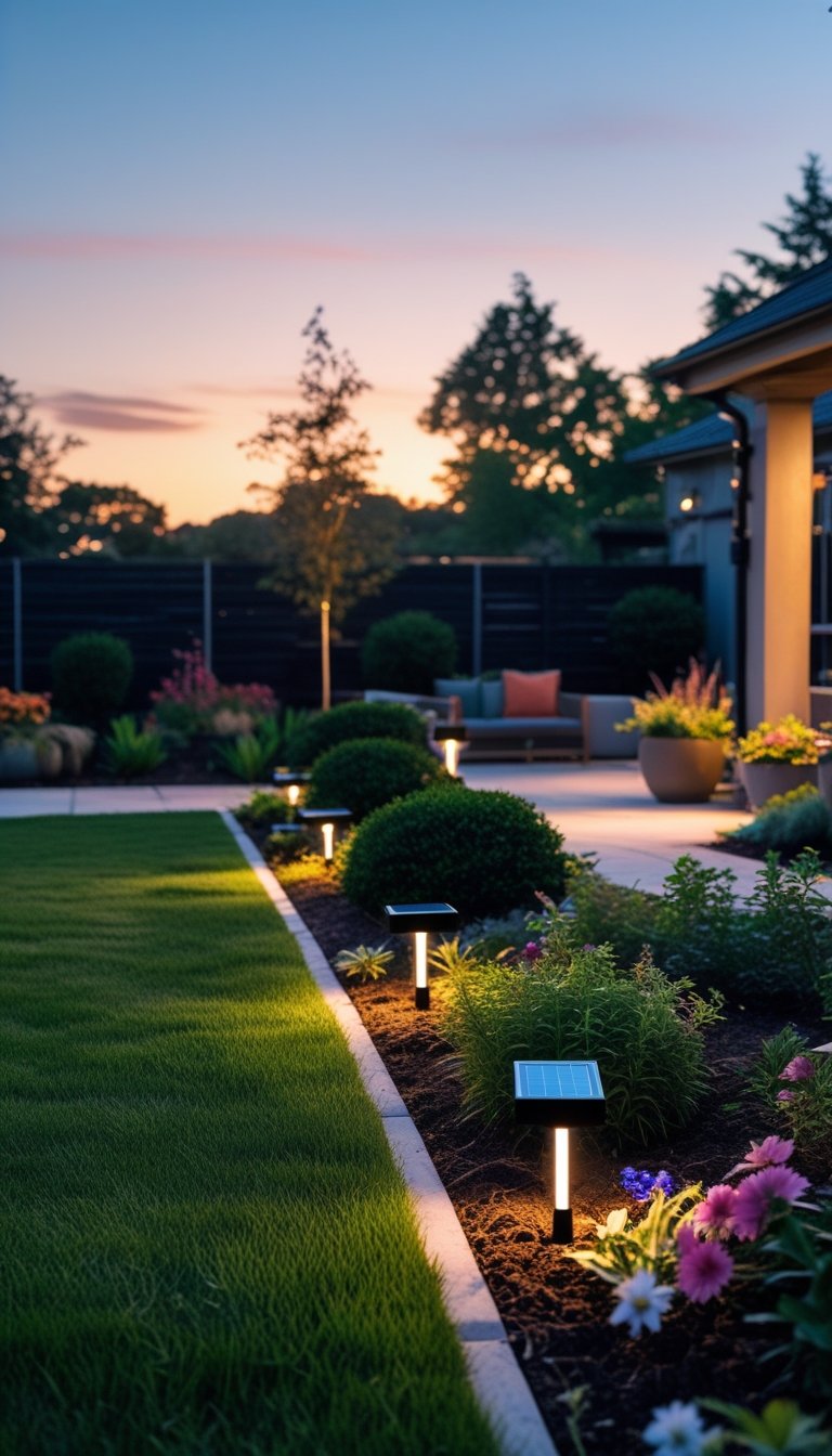 A backyard garden at dusk with solar-powered lights illuminating pathways and plants among green grass and colorful flowers.